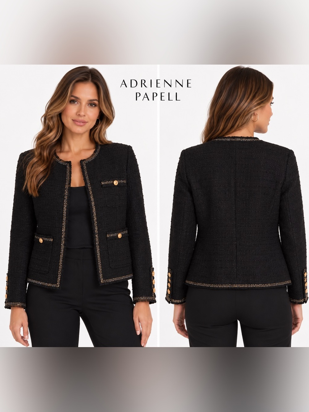 Adrianna Papell Black Tweed Boucle Blazer Gold Trim Collarless Jacket Size M